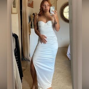Women’s white corset top Silky floor length dress with slit size medium, wedding